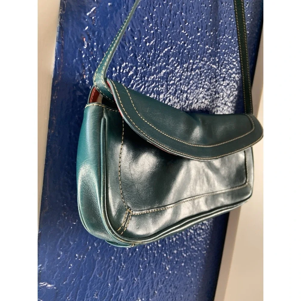 Vintage Nordstrom Y2K Green Teal Genuine Leather Shoulder Handle Bag Purse
